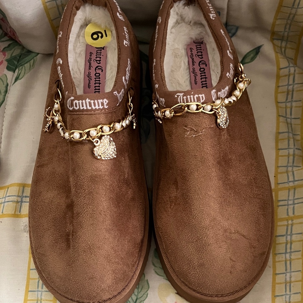 Juicy Couture Brown Faux-Suede Slip-On Mules with Gold Chain Charms